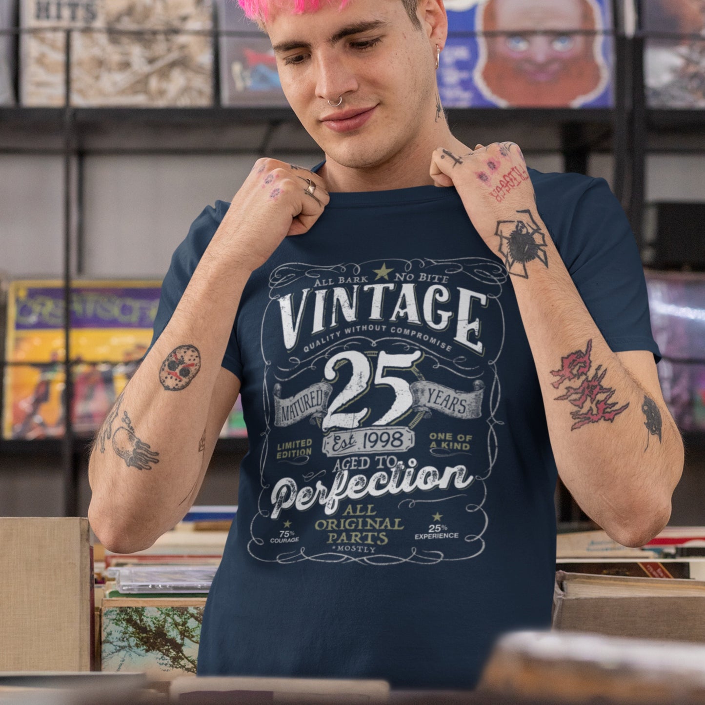 Vintage 25th Birthday T-shirt For Him - Aged To Perfection - Men and Women - Vintage 1998 Mostly Original Parts Gift idea. V-25-1998