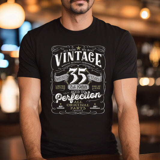 Vintage 35th Birthday T-shirt For Him - Aged To Perfection - Men and Women - Vintage 1988 Mostly Original Parts Gift idea. V-35-1988