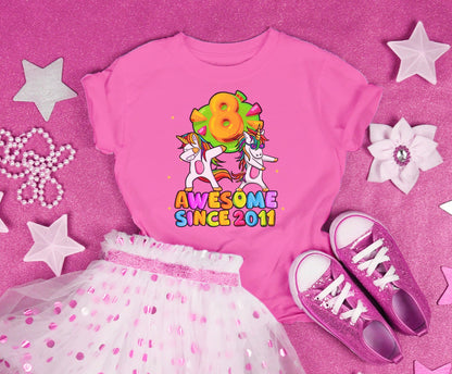 Awesome Since 2011 Cute Dabbing Unicorn Flossing Unicorn Youth or Toddler T Shirt for girls - Shirt For 8 Year Olds Birthday Party - UNI-008