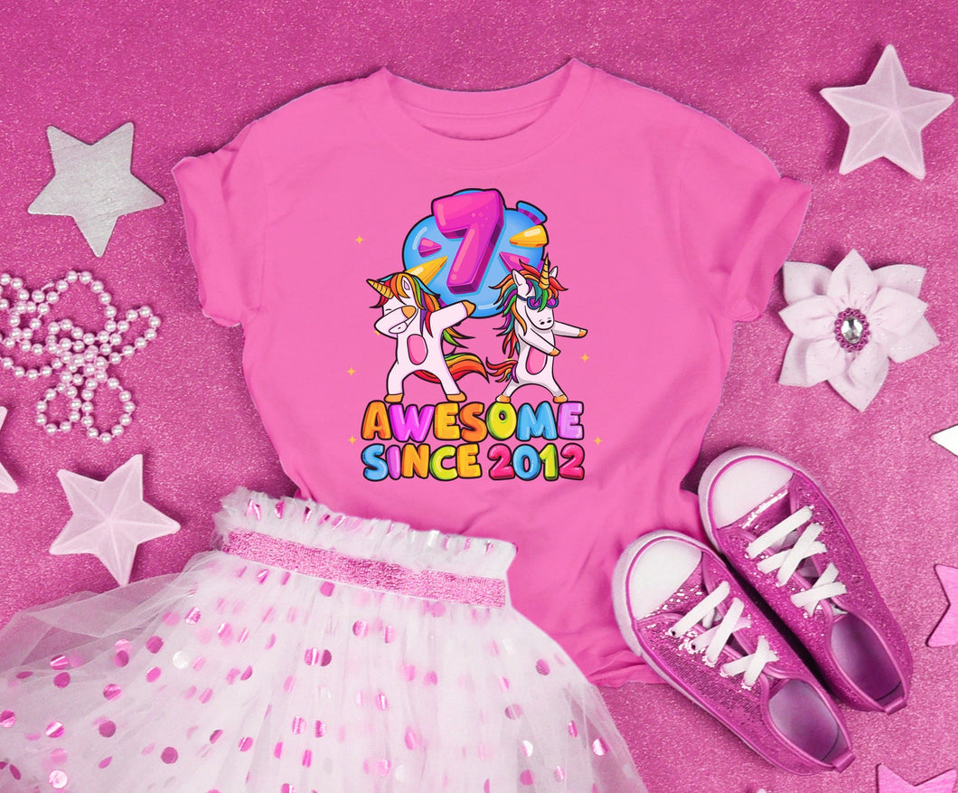 Awesome Since 2012 Cute Dabbing Unicorn Flossing Unicorn Youth or Toddler T Shirt for girls - Shirt For 7 Year Olds Birthday Party - UNI-007