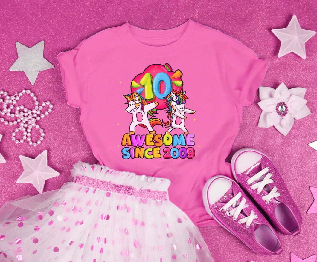Awesome Since 2009 Cute Dabbing Unicorn Flossing Unicorn Youth or Toddler T Shirt for girls - Shirt For 10 Year Olds Birthday Party- UNI-010