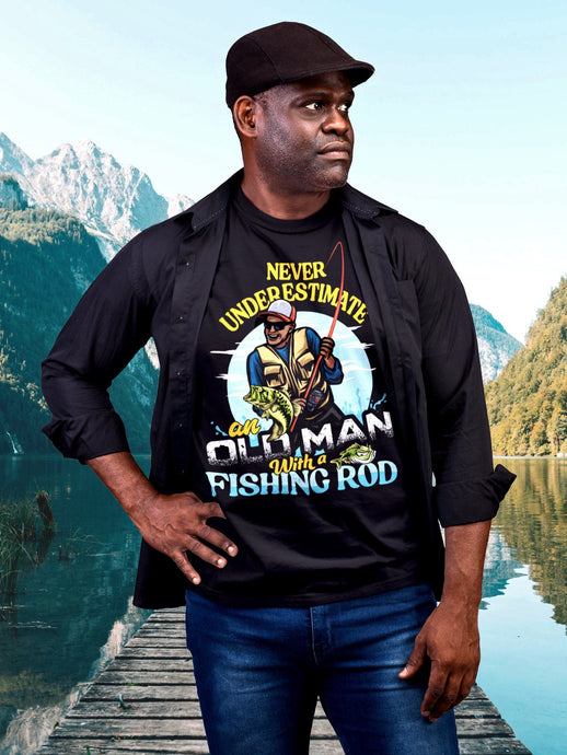 BIPOC Fishing Birthday Gift For Dad, Bass Fishing Shirt, Angler, Grandpa, Never Underestimate An Old Man Fishing Rod T-shirt Gift S-201