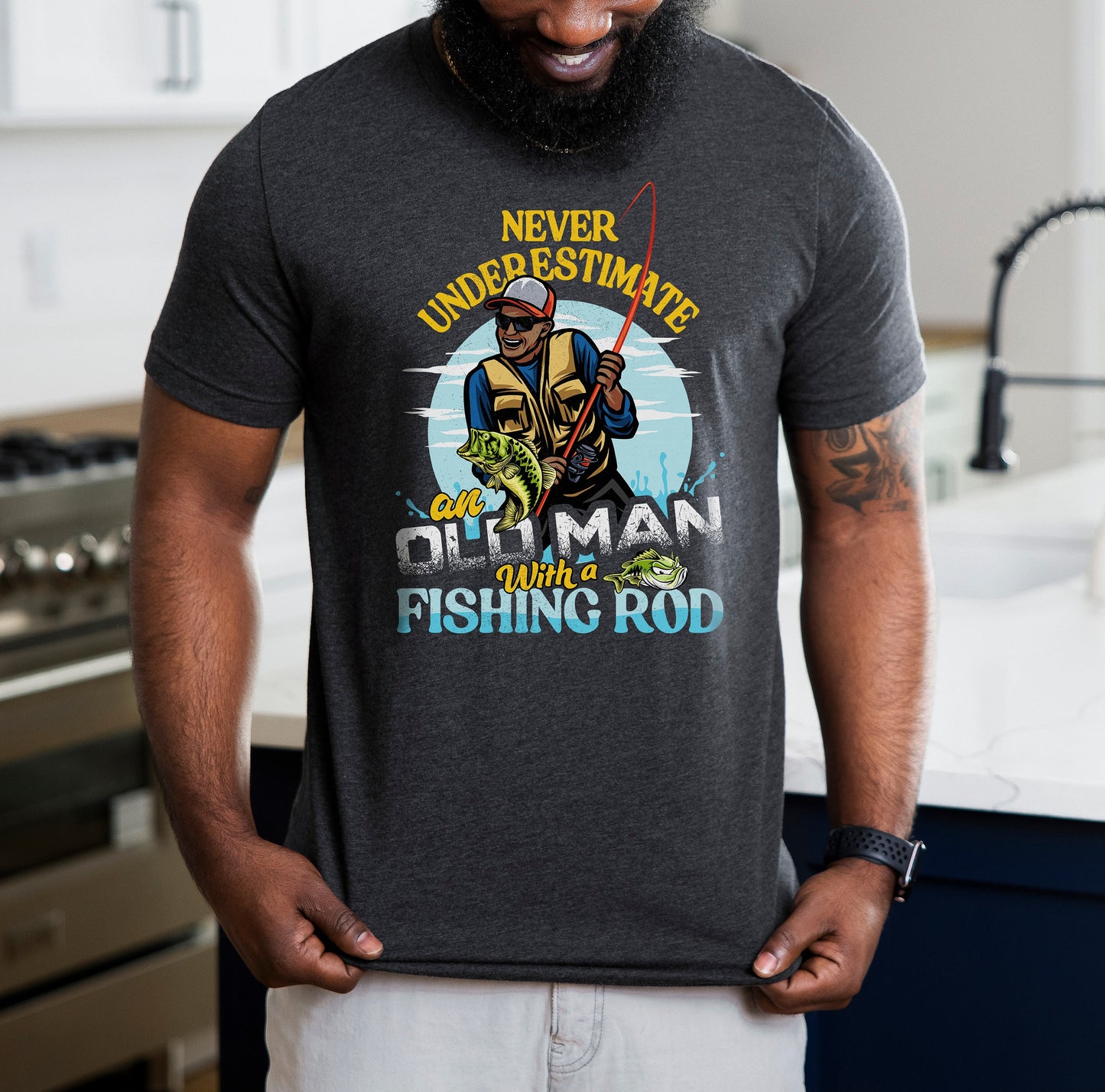 BIPOC Fishing Birthday Gift For Dad, Bass Fishing Shirt, Angler, Grandpa, Never Underestimate An Old Man Fishing Rod T-shirt Gift S-201