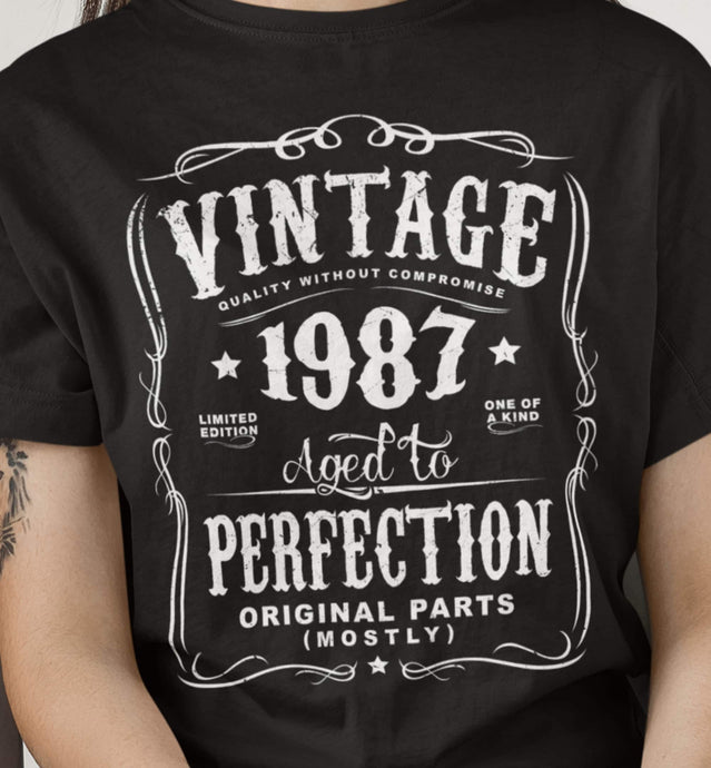 35th Birthday Gift For Men and Women - Vintage 1987 Aged To Perfection Mostly Original Parts T-shirt Gift idea. More colors available N-1987