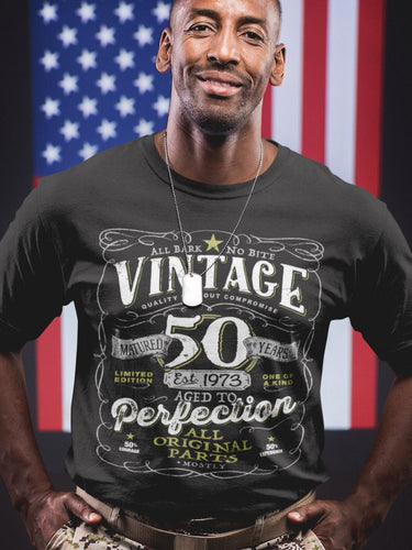 50th in 2023 Birthday Gift For Men and Women - Vintage 1973 Aged To Perfection® Mostly Original Parts Courage T-shirt Gift idea VIN-50-1973