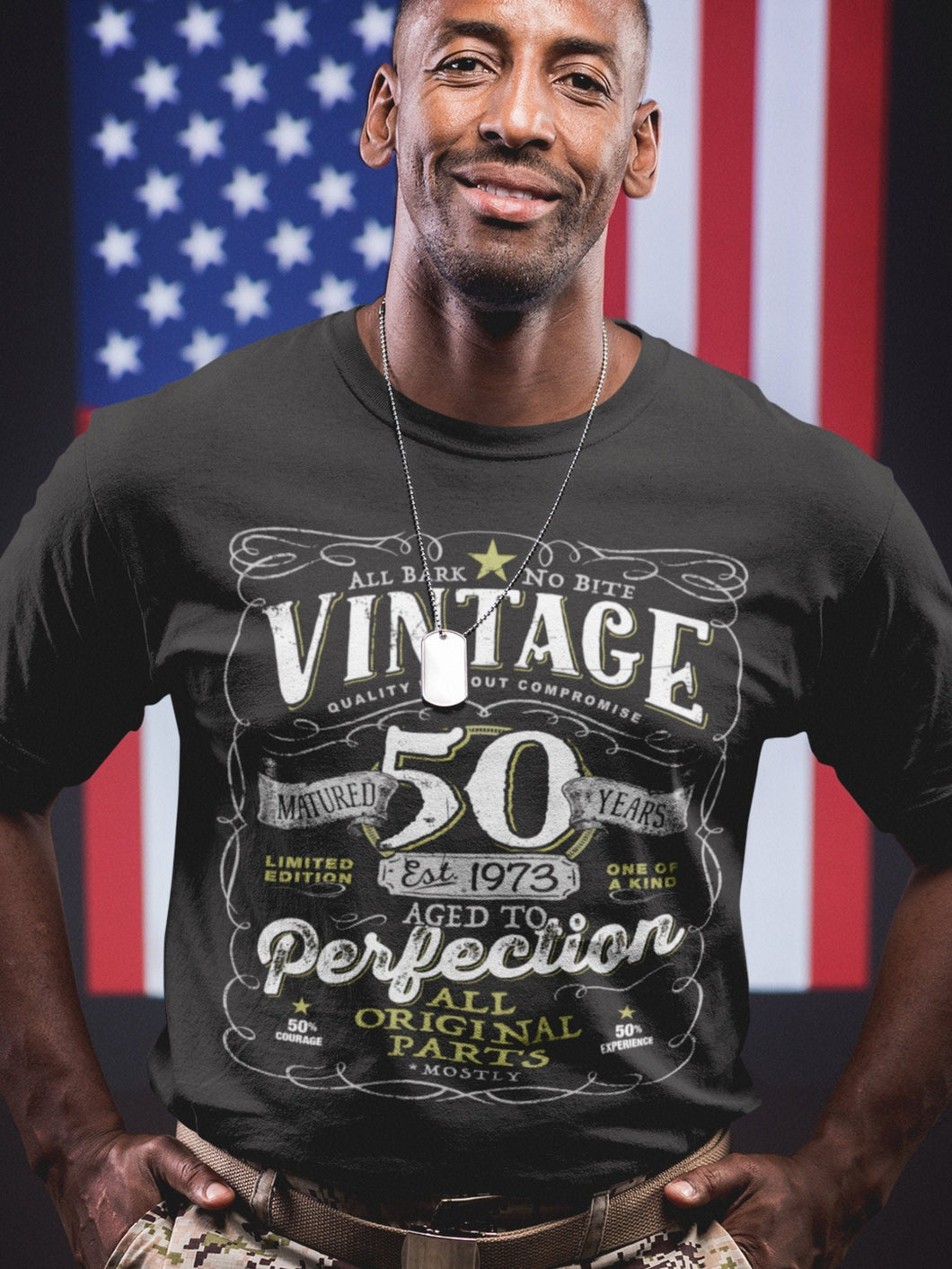 50th in 2023 Birthday Gift For Men and Women - Vintage 1973 Aged To Perfection® Mostly Original Parts Courage T-shirt Gift idea VIN-50-1973