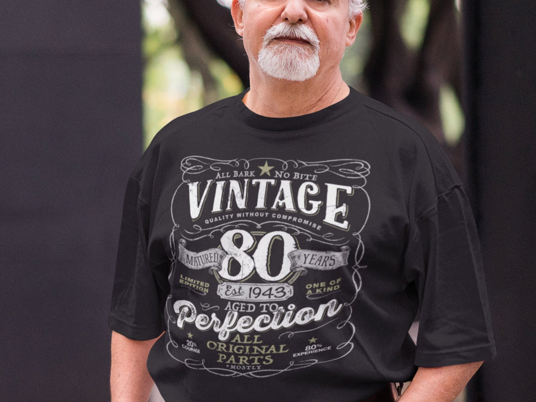 Vintage 80th Birthday T-shirt For Him - Aged To Perfection - Gift for Men - Vintage 1943,  Mostly Original Parts Gift idea.  V-80-1943