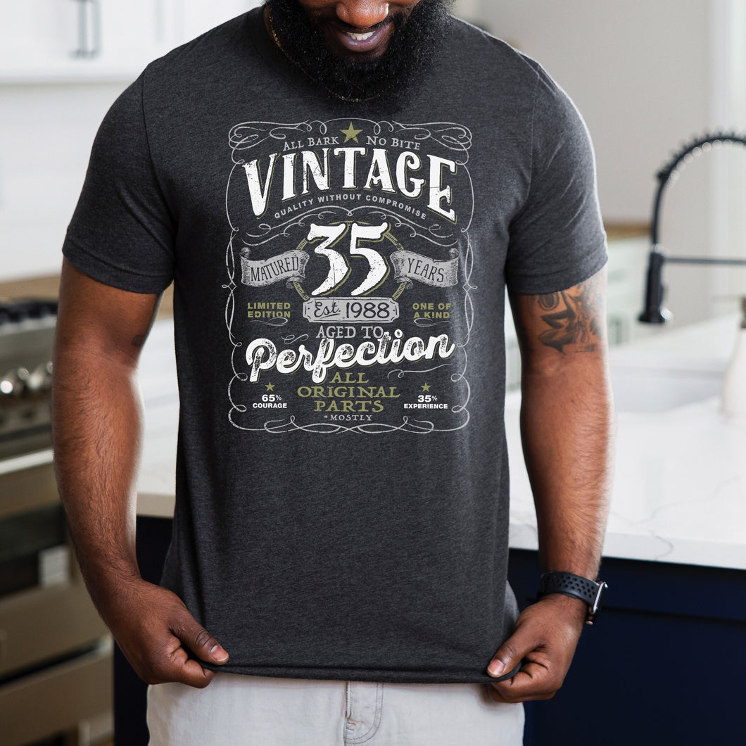 Vintage 35th Birthday T-shirt For Him - Aged To Perfection - Men and Women - Vintage 1988  Mostly Original Parts Gift idea.  V-35-1988