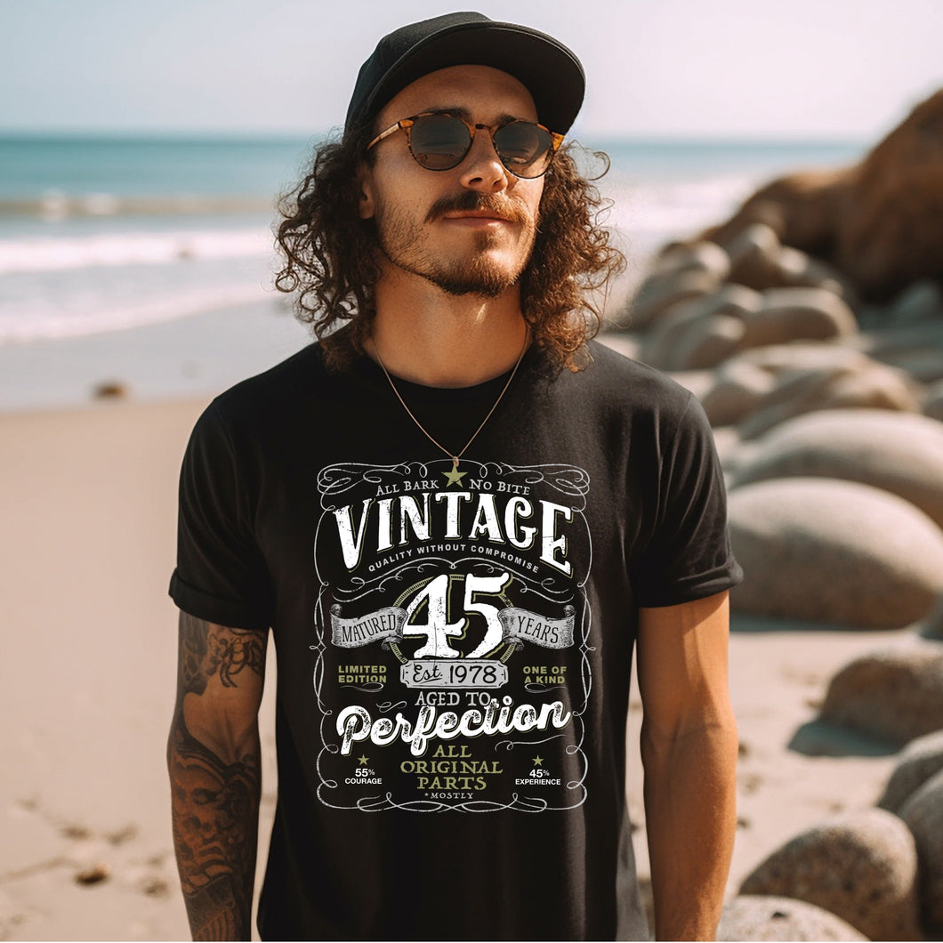 Vintage 45th Birthday T-shirt For Him - Aged To Perfection - Men and Women - Vintage 1978  Mostly Original Parts Gift idea.  V-45-1978